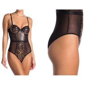 Black Fuchsia Secret Lace Sequin Panel Bodysuit Black Gold